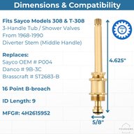 Sayco P004 cold stem dimensions and compatibility for Sayco 308 and T-308 three-handle tub and shower valves, with broach size and ID length