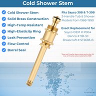 Sayco P004 cold shower stem features: solid brass, high-temperature resistant, high-elasticity ring, leak prevention, flow control and barrel seal, with cross-reference part numbers