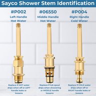 Sayco shower stem identification: P002 left handle hot, 06550 middle handle diverter and P004 right handle cold, side by side