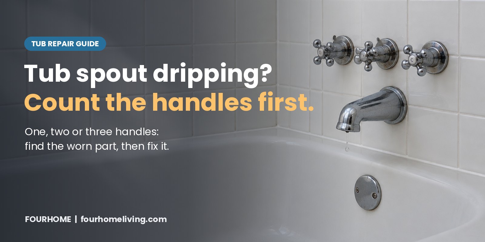 Older white tiled bathroom with a chrome three-handle tub and shower faucet and a drop of water falling from the tub spout into the tub, with the headline Tub spout dripping? Count the handles first. Repair guide
