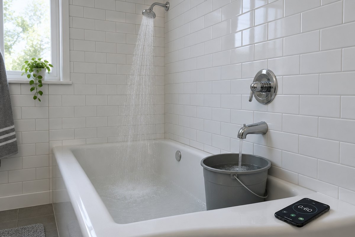 A plastic bucket in a white bathtub catching the water that leaks from the tub spout while the showerhead runs, with a phone stopwatch on the tub edge reading sixty seconds
