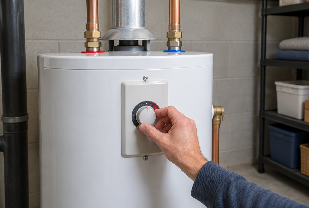 Hand adjusting the temperature dial on the front of a white tank water heater in a basement utility room