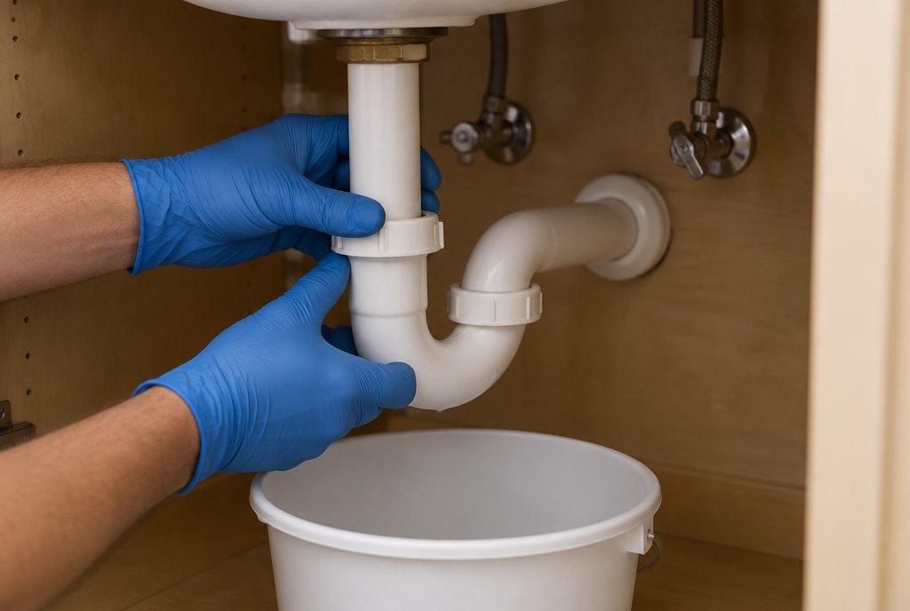 Clean the P-trap under a bathroom sink Gloved hands loosening the slip nut on a white P-trap under a bathroom sink with a bucket underneath