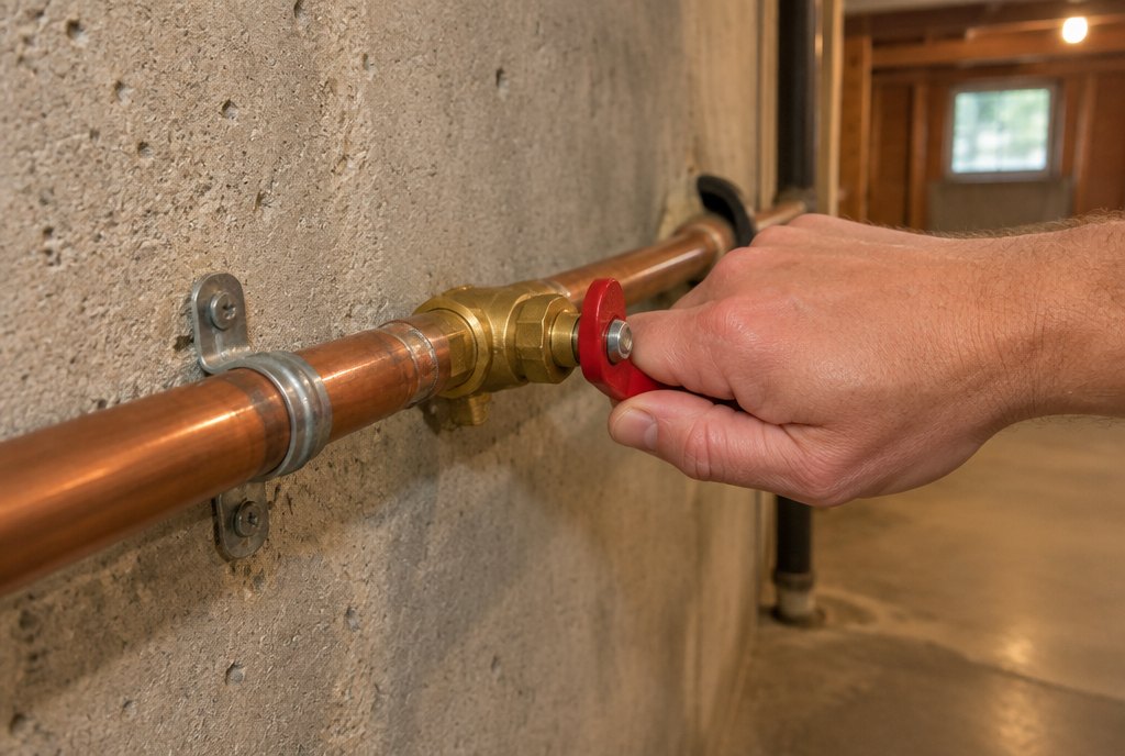 Hand closing a small shutoff valve with a red handle on a copper pipe in a basement