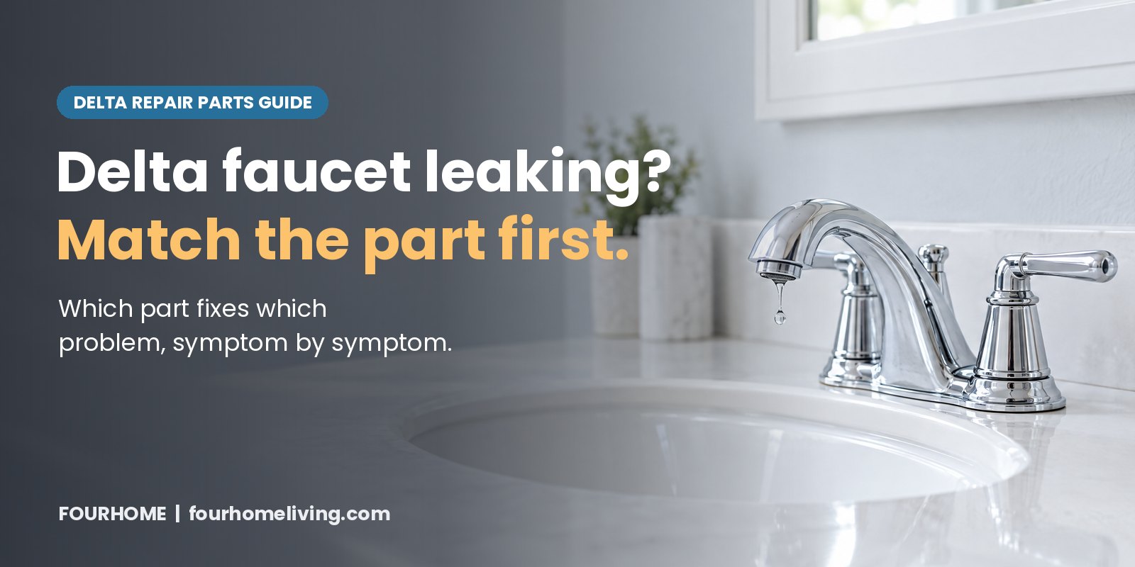 Chrome two-handle bathroom faucet on a white vanity with a drop of water falling from the spout, with the headline Delta faucet leaking? Match the part first.