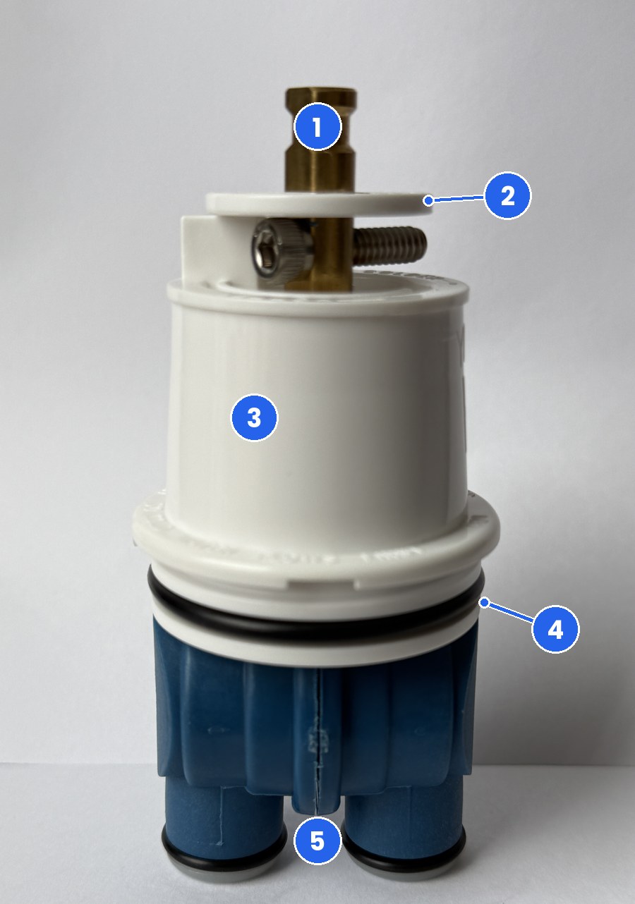 The parts of a Delta Monitor 1300/1400 replacement cartridge FourHome replacement for Delta RP19804 standing upright: brass stem, white limit stop disc, white cap, black O-ring and blue lower housing with two legs