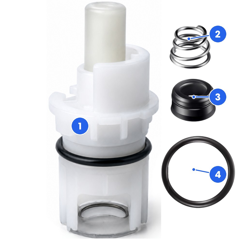 FourHome replacement for Delta RP25513: stem, spring, seat and O-ring FourHome replacement kit for the Delta RP25513 two-handle stem: the white stem unit with its quarter-turn stop, the stainless spring, the rubber seat and the O-ring