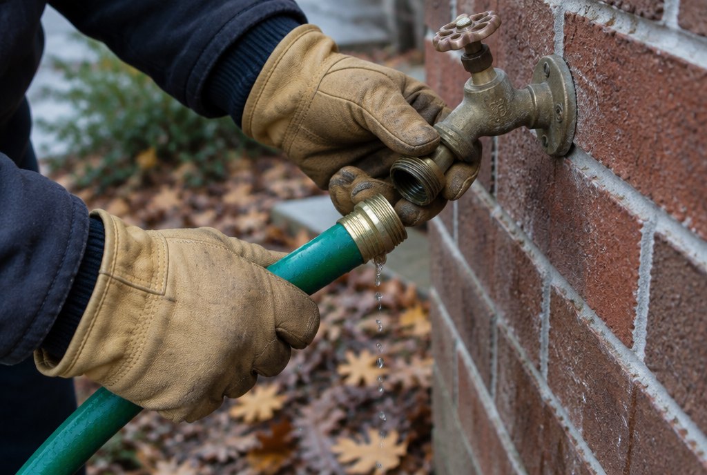 Gloved hands unscrewing a garden hose from an outdoor brass spigot on a brick wall in late fall