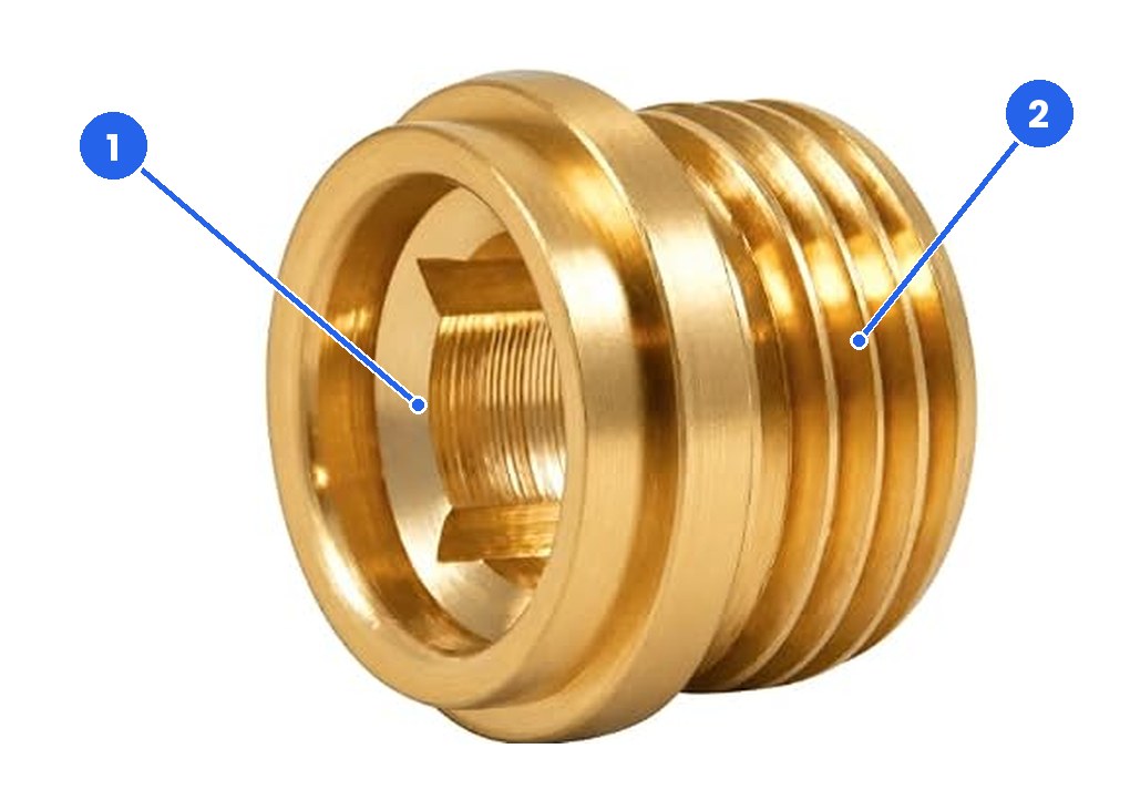 Product photo of a FourHome brass bibb seat with two numbered markers: 1 the shaped socket inside the bore where the seat wrench fits, 2 the threads on the outside