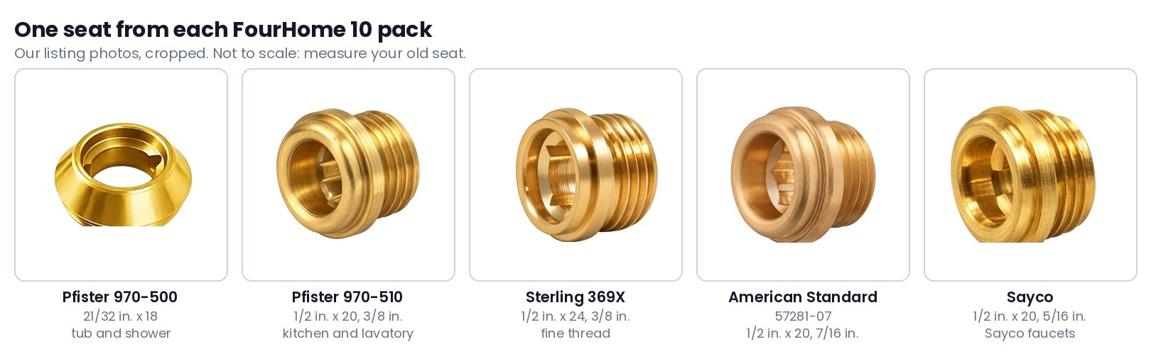 Product photos of one brass seat from each FourHome bibb seat 10 pack side by side, labelled Pfister 970-500 21/32 x 18 tub and shower, Pfister 970-510 1/2 x 20 3/8 inch kitchen and lavatory, Sterling 369X 1/2 x 24 3/8 inch, American Standard 57281-07 1/2 x 20 7/16 inch, and Sayco 1/2 x 20 5/16 inch