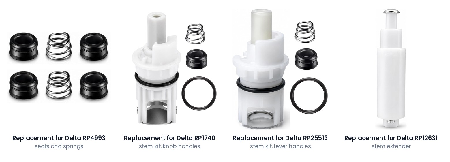 Product photos of four FourHome replacements for Delta parts side by side: RP4993 rubber seats and springs, the RP1740 stem kit with stem, spring, seat and O-ring, the RP25513 stem kit with stem, spring, seat and O-ring, and the RP12631 stem extender