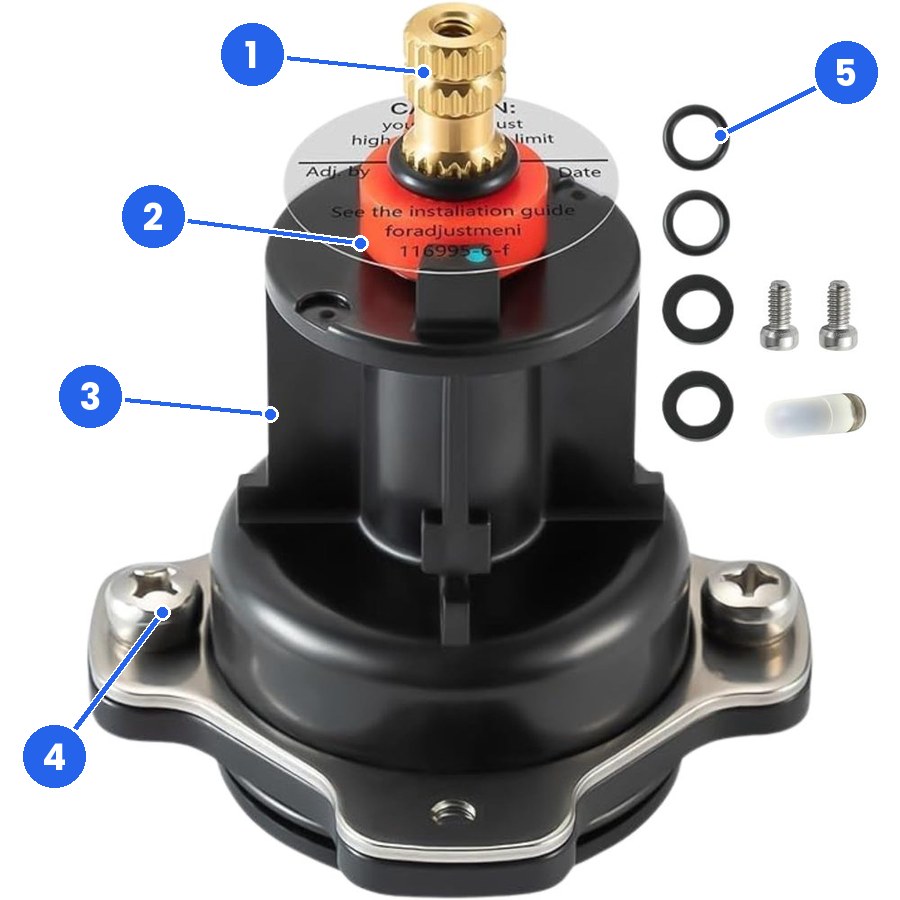 Our replacement for the Kohler GP876851 kit, parts marked Product photo of the FourHome replacement for the Kohler GP876851 kit with five numbered markers: 1 the round brass stem, 2 the red collar on the stem, 3 the black mixer cap, 4 the two cap screws and the metal plate under them, 5 the spare O-rings and screws