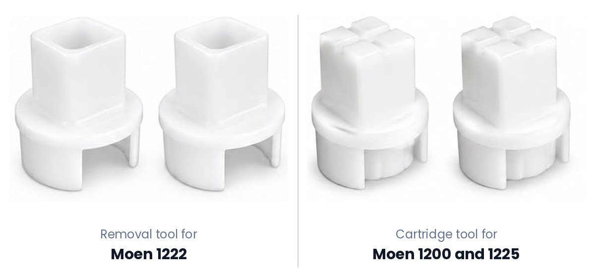 FourHome plastic tools for Moen 1222 and for Moen 1200 and 1225 cartridges Product photos of two FourHome white plastic cartridge tools side by side: left, the removal tool for the Moen 1222 Posi-Temp cartridge, a cap with a square socket and two legs; right, the tool for Moen 1200 and 1225 cartridges, with a notched top