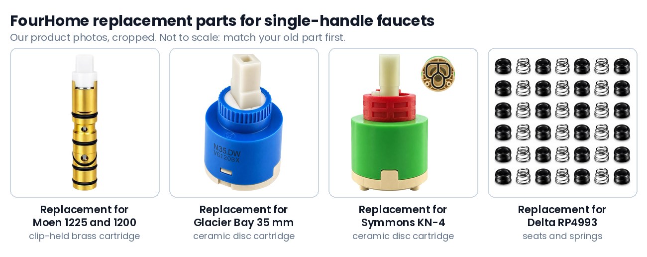FourHome single-handle faucet parts side by side Product photos of four FourHome single-handle faucet parts side by side: the brass replacement for the Moen 1225 and 1200 cartridge, the replacement 35 mm ceramic disc cartridge for Glacier Bay, the replacement ceramic disc cartridge for Symmons KN-4 and replacement seats and springs for Delta RP4993