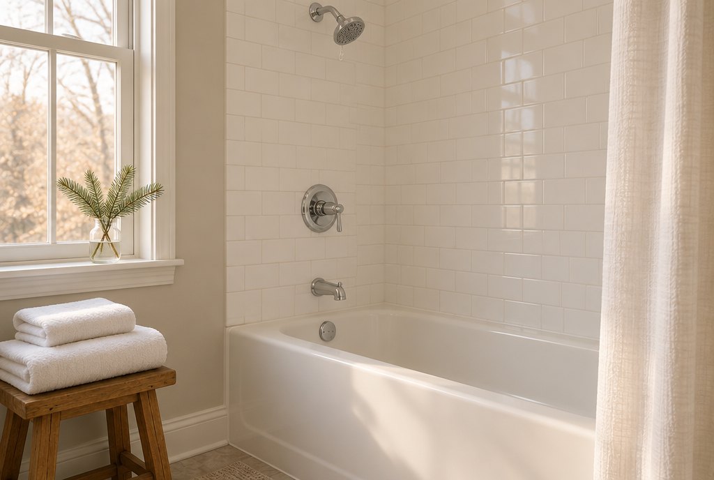 Bright guest bathroom with a white tub, subway tile, chrome single-handle shower trim and folded white towels