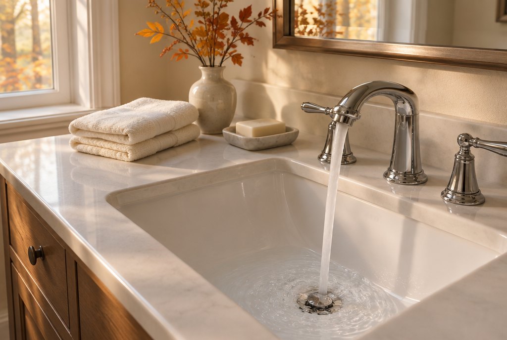 A guest bathroom sink that drains freely Clean guest bathroom sink with water running from a chrome faucet and draining freely, folded towels on the counter