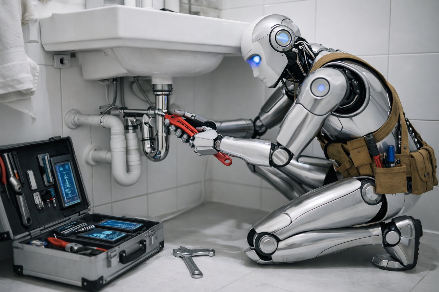 AI robot plumber with wrench repairing pipes under a bathroom sink
