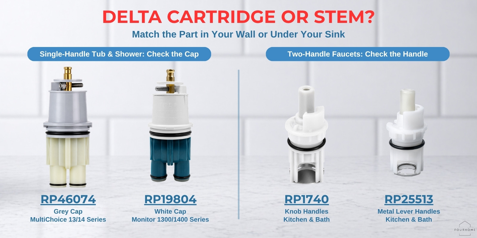 Delta cartridge or stem: RP46074 grey cap and RP19804 white cap single-handle tub and shower cartridges, RP1740 and RP25513 two-handle stems