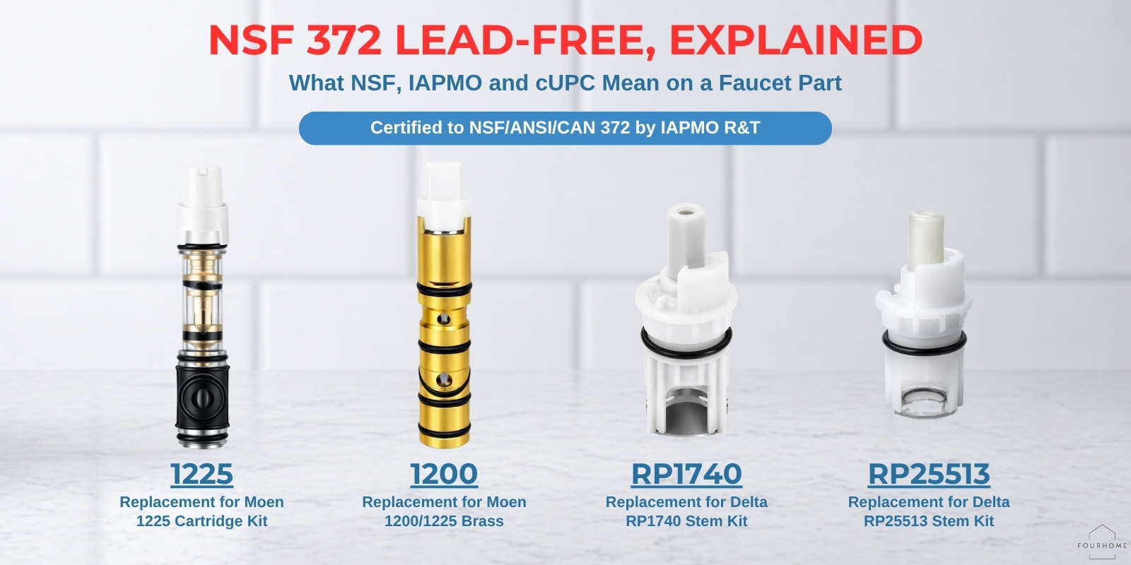 NSF 372 lead-free explained: FourHome replacements for Moen 1225, Moen 1200, Delta RP1740 and Delta RP25513, certified to NSF/ANSI/CAN 372 by IAPMO R&T