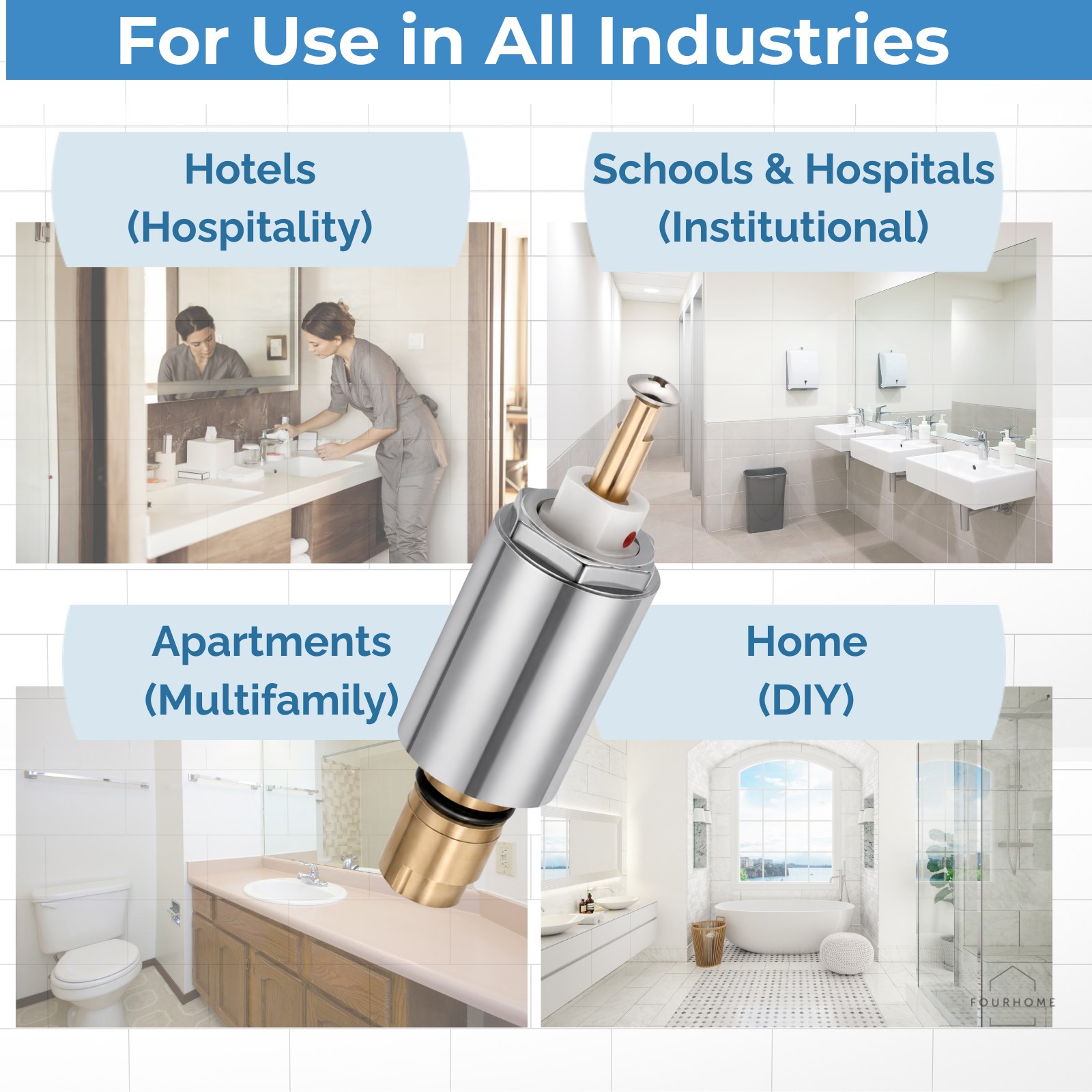 Mixet MS-5AT-C cartridge applications across hotels, schools and hospitals, apartments and multifamily housing, and residential DIY