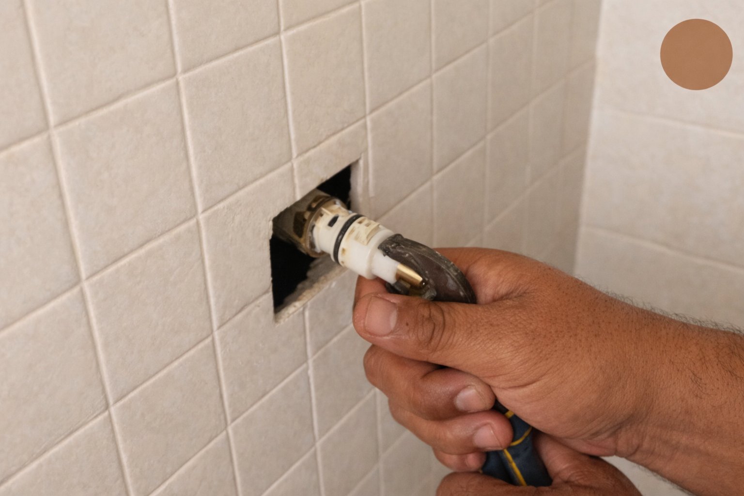 Plumber pulling out an old mineral-caked Moen 1222 Posi-Temp shower cartridge from a tiled shower valve