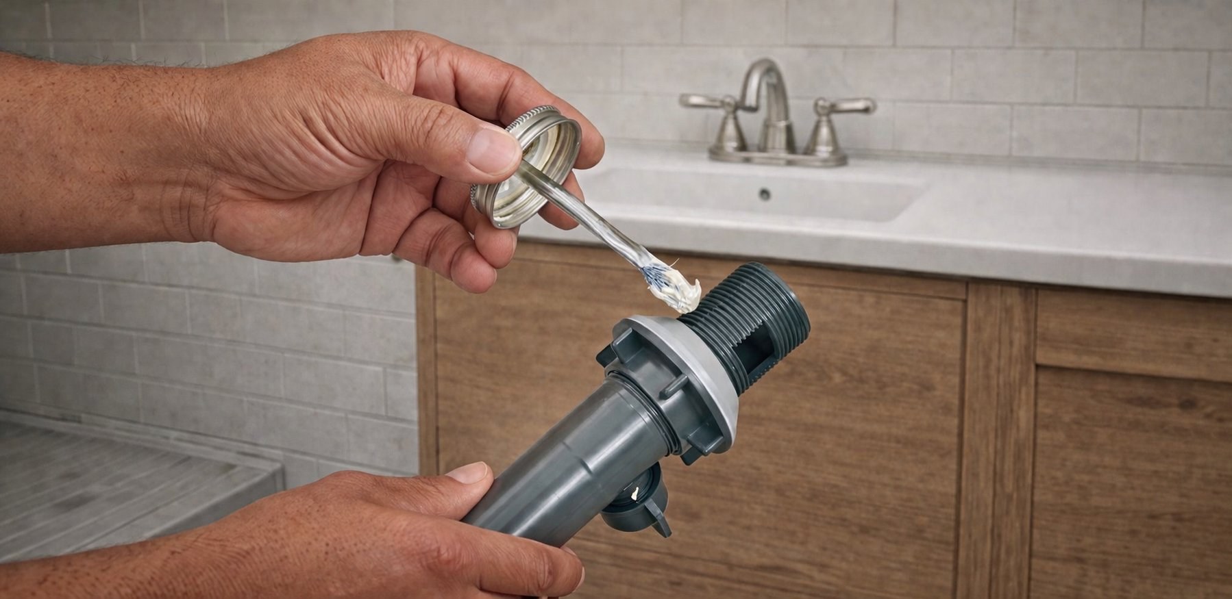 Hands applying plumber's putty to a pop-up drain assembly for bathroom sink installation