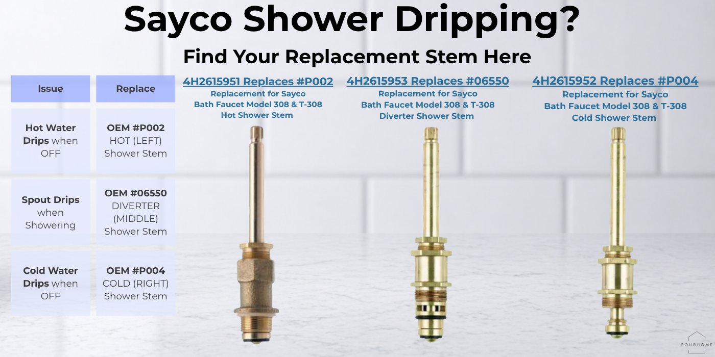 Three Sayco shower stem replacements side by side: hot stem P002, diverter stem 06550, and cold stem P004 for Model 308 and T-308 three-handle tub and shower valves