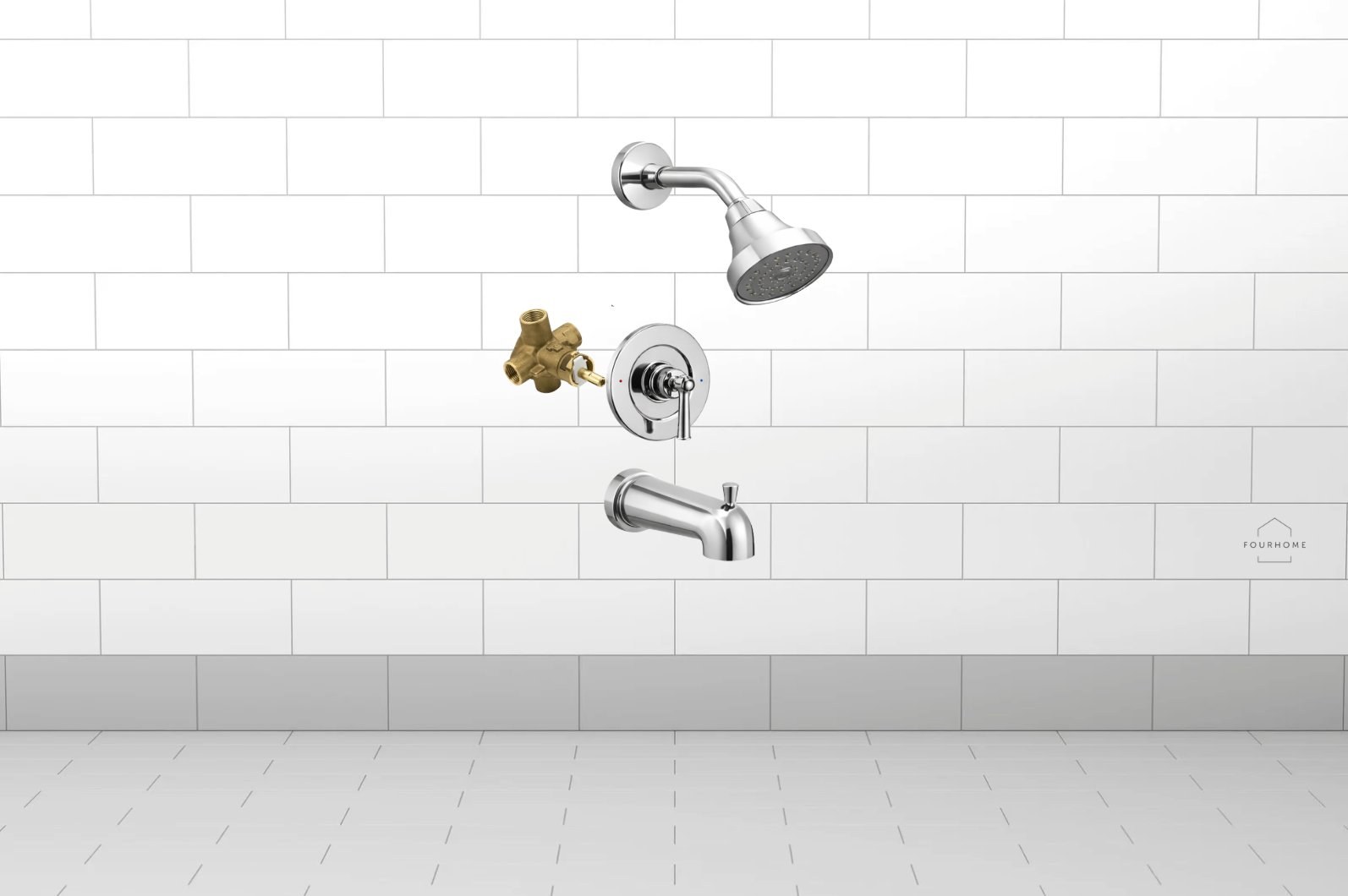 Chrome shower valve trim plate with showerhead and brass valve body for cartridge replacement