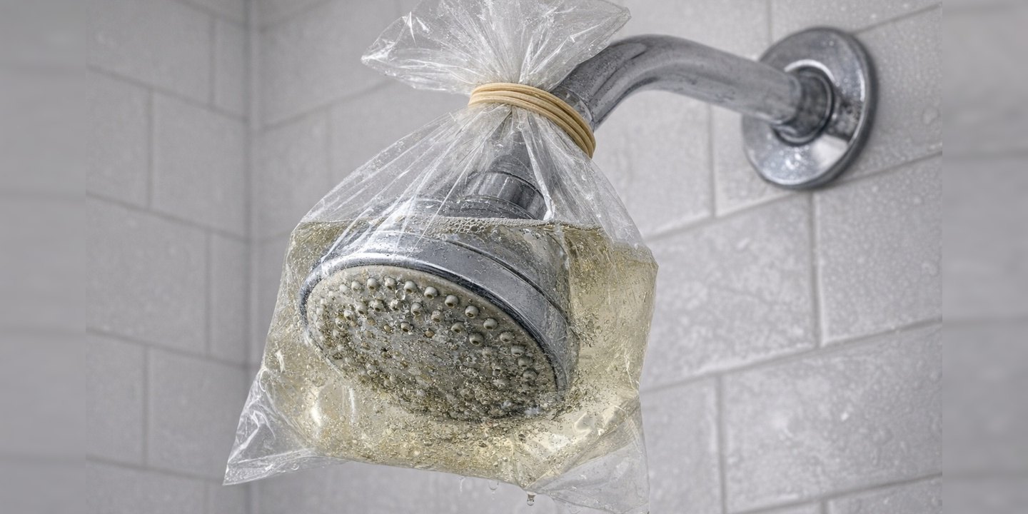 Chrome showerhead soaking in a bag of white vinegar to restore shower water pressure