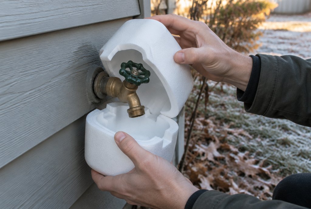 Hands sliding an insulated foam cover over an outdoor hose spigot on house siding