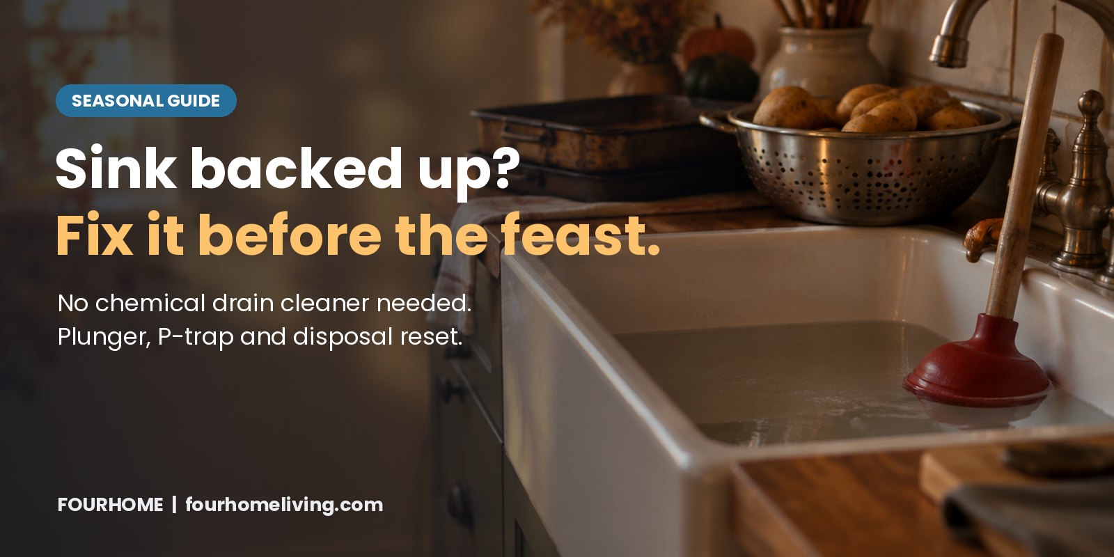 Kitchen sink clogged before Thanksgiving? Clear it without drain cleaner White farmhouse kitchen sink with cloudy standing water and a red cup plunger in the basin, a colander of potatoes and roasting pans on the counter in warm autumn light, with the headline Sink backed up? Fix it before the feast