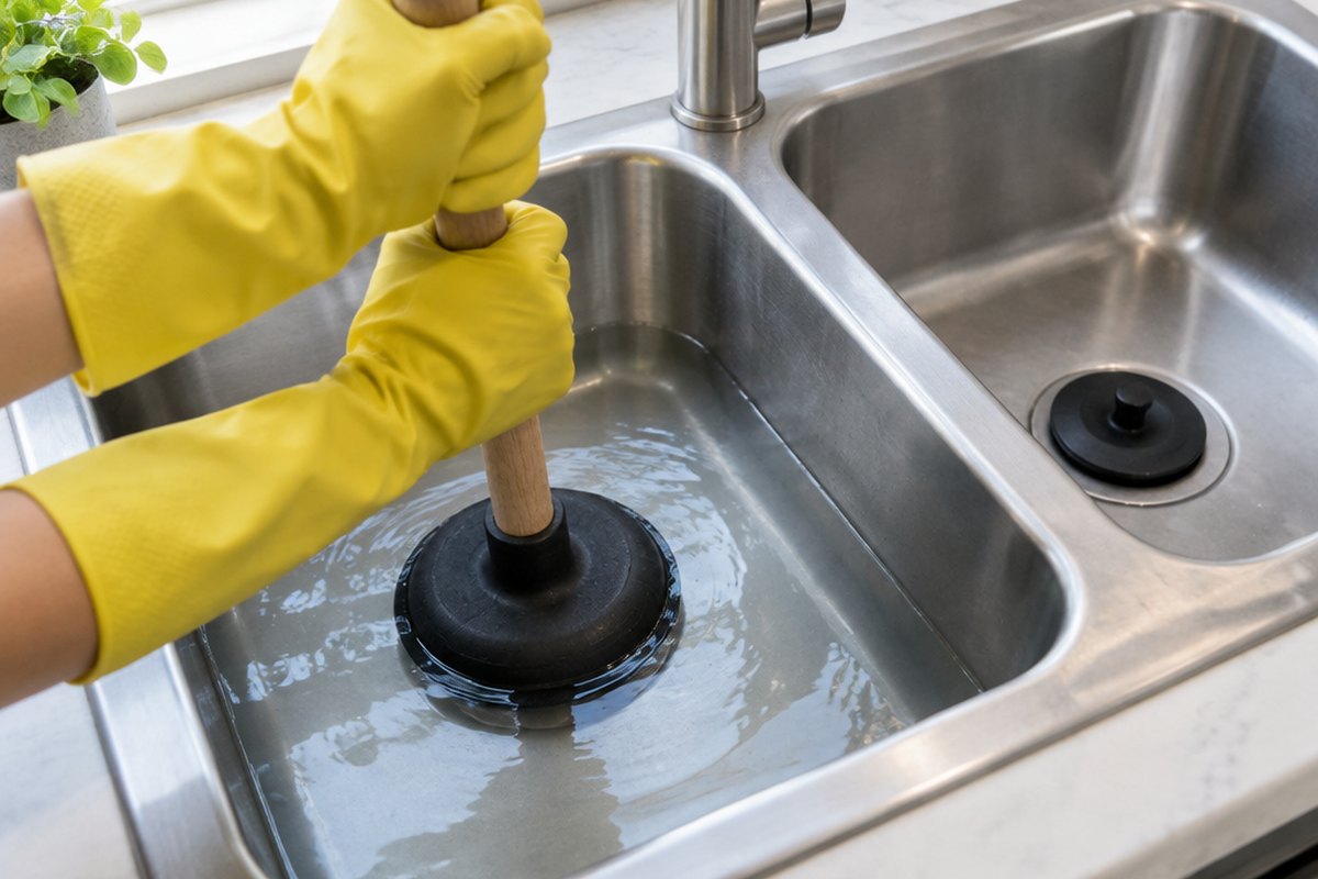 Plunge a clogged double kitchen sink and seal the second drain Gloved hands working a flat-rim cup plunger over the drain of a stainless steel double-bowl kitchen sink with water in the basin, and a black rubber stopper sealing the drain of the second bowl