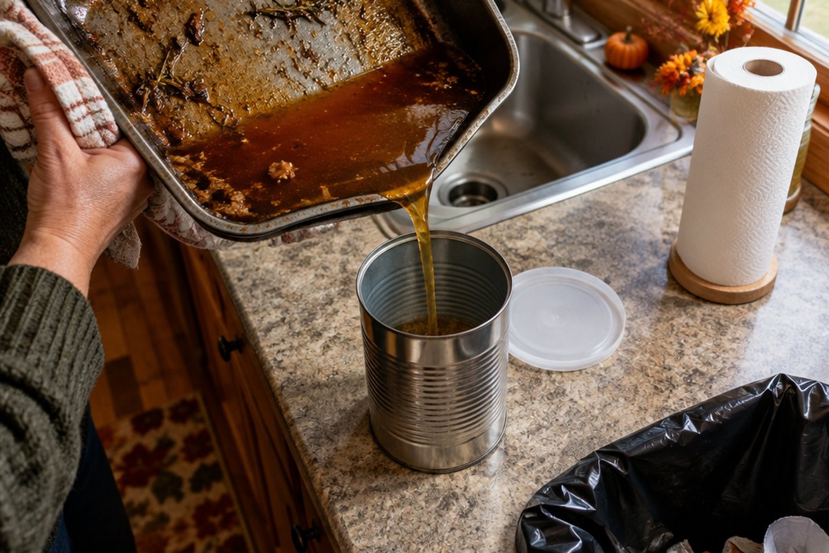 Pour turkey grease into a can, not down the kitchen drain Turkey drippings being poured from a roasting pan into an empty metal can with a plastic lid beside it, next to a kitchen sink, with paper towels and an open trash bag on the counter