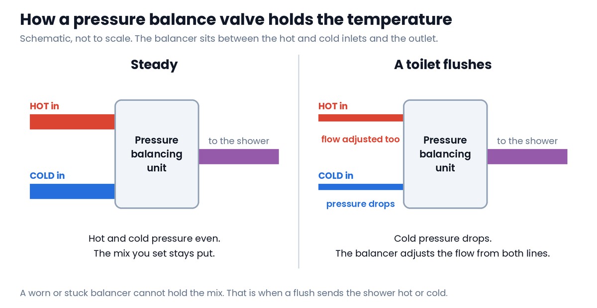 How a pressure balance shower valve holds the temperature Schematic of a pressure balance shower valve in two panels: on the left, hot and cold inlets at even pressure feed a pressure balancing unit and the shower; on the right, a toilet flush drops the cold pressure and the balancer adjusts the flow from both lines