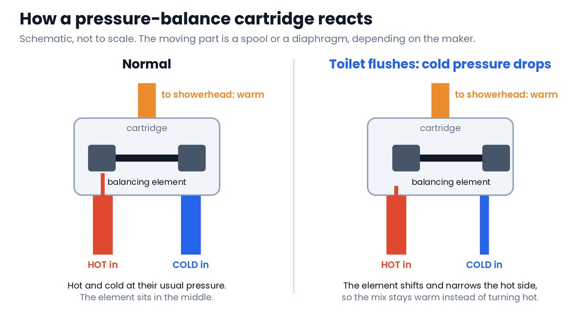 Schematic of a pressure-balance shower valve in two panels. Left, normal: hot and cold pipes enter the cartridge at equal pressure, a balancing element sits centered, and warm water goes to the showerhead. Right, a toilet flush lowers the cold pressure: the balancing element shifts and narrows the hot side, so the water to the showerhead stays warm instead of turning hot