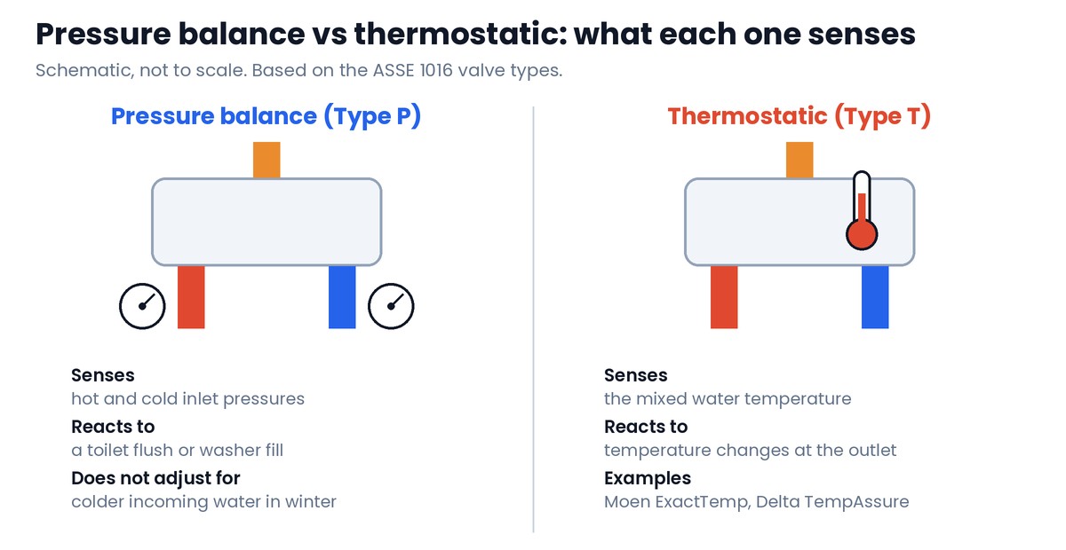 Schematic comparing two shower valves side by side. Left, pressure balance: a gauge icon on the hot and cold inlets, it reacts to a pressure drop such as a toilet flush, and does not react to a colder incoming water supply. Right, thermostatic: a thermometer icon at the outlet, it reacts to the mixed water temperature