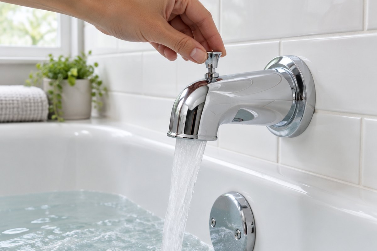 A hand lifting the small chrome knob on top of a pull-up diverter tub spout on a white tile wall while water runs from the spout into the bathtub