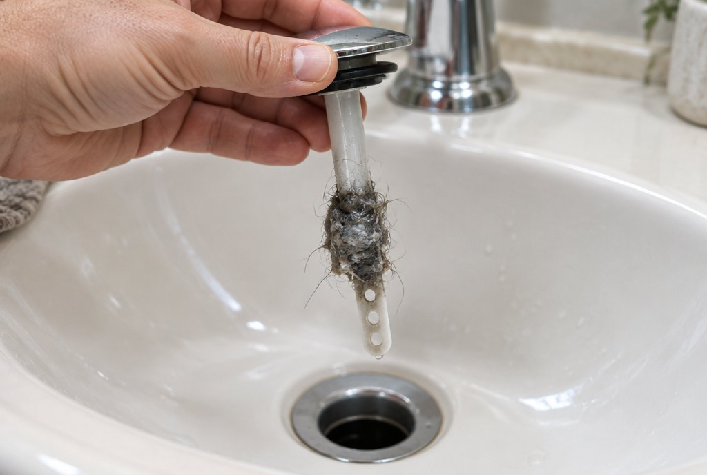 Pull the pop-up stopper to clear a slow bathroom sink Hand lifting a pop-up stopper out of a white bathroom sink drain with a clump of hair and soap residue on the stem