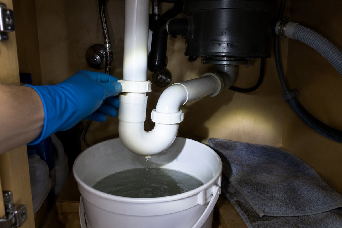 Remove the kitchen sink P-trap over a bucket A gloved hand loosening the slip nut on a white plastic P-trap under a kitchen sink, with a bucket underneath catching gray water, a garbage disposal above and a dishwasher drain hose beside it