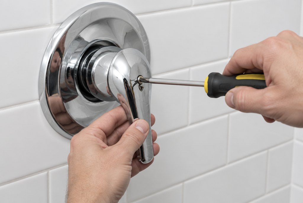 Hands using a screwdriver to remove a chrome single-lever shower handle from its round trim plate on white tile
