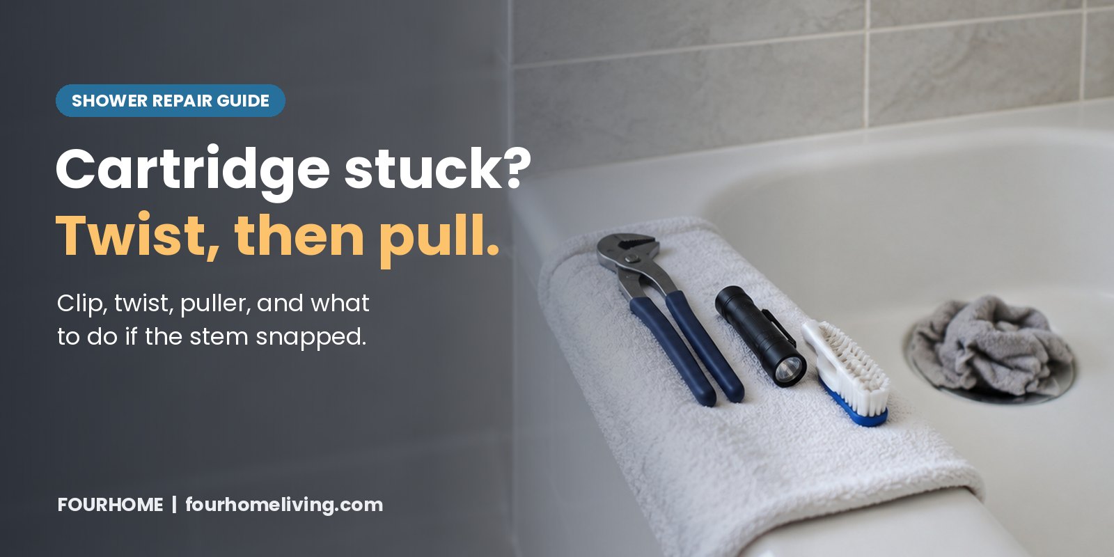 Cartridge stuck? Pliers, a flashlight and a brush on a towel on a bathtub ledge, ready for a shower cartridge job