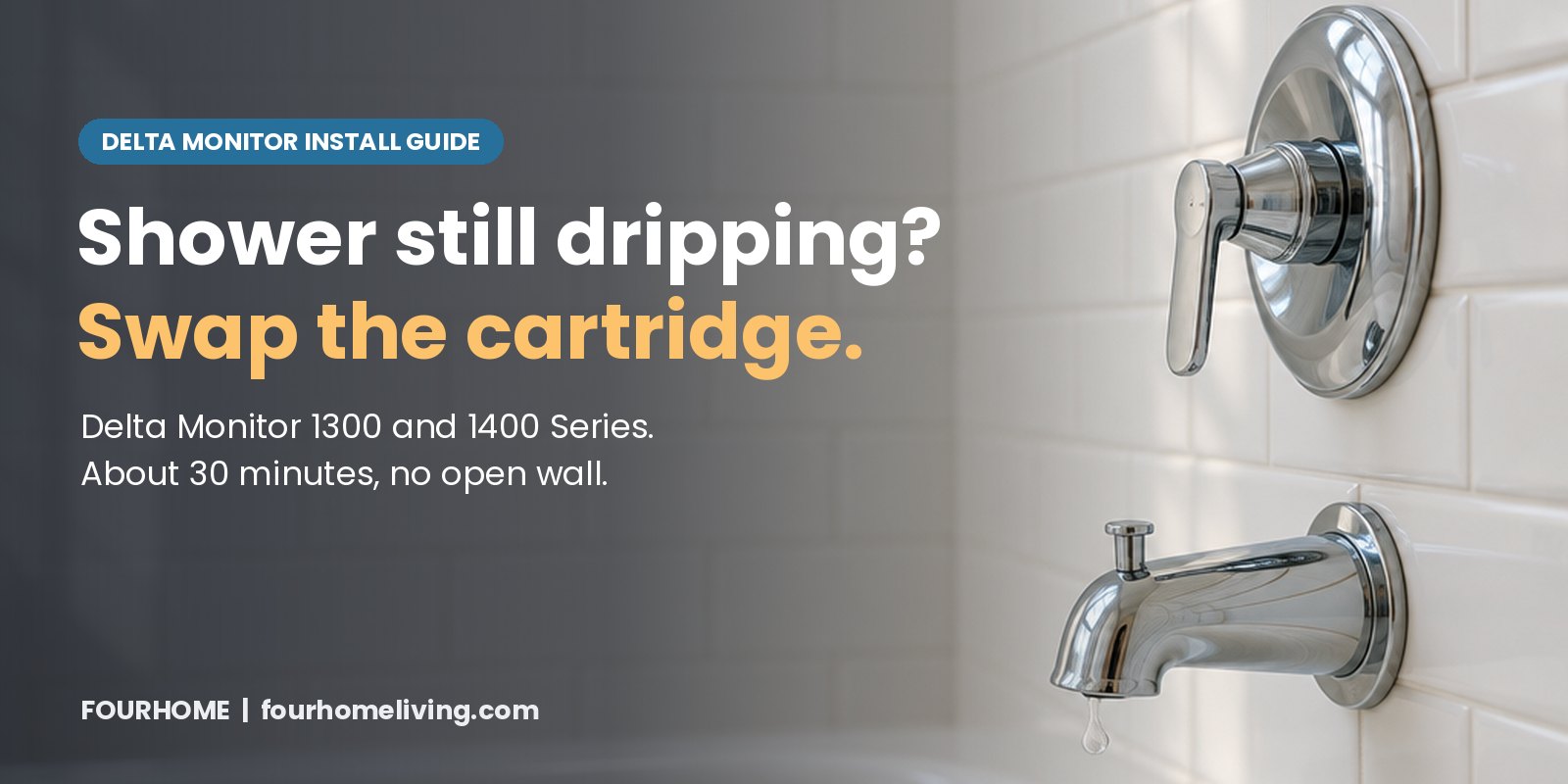 How to replace a Delta Monitor 1300/1400 cartridge Chrome single-handle tub and shower trim on white tile with a drop of water hanging from the tub spout