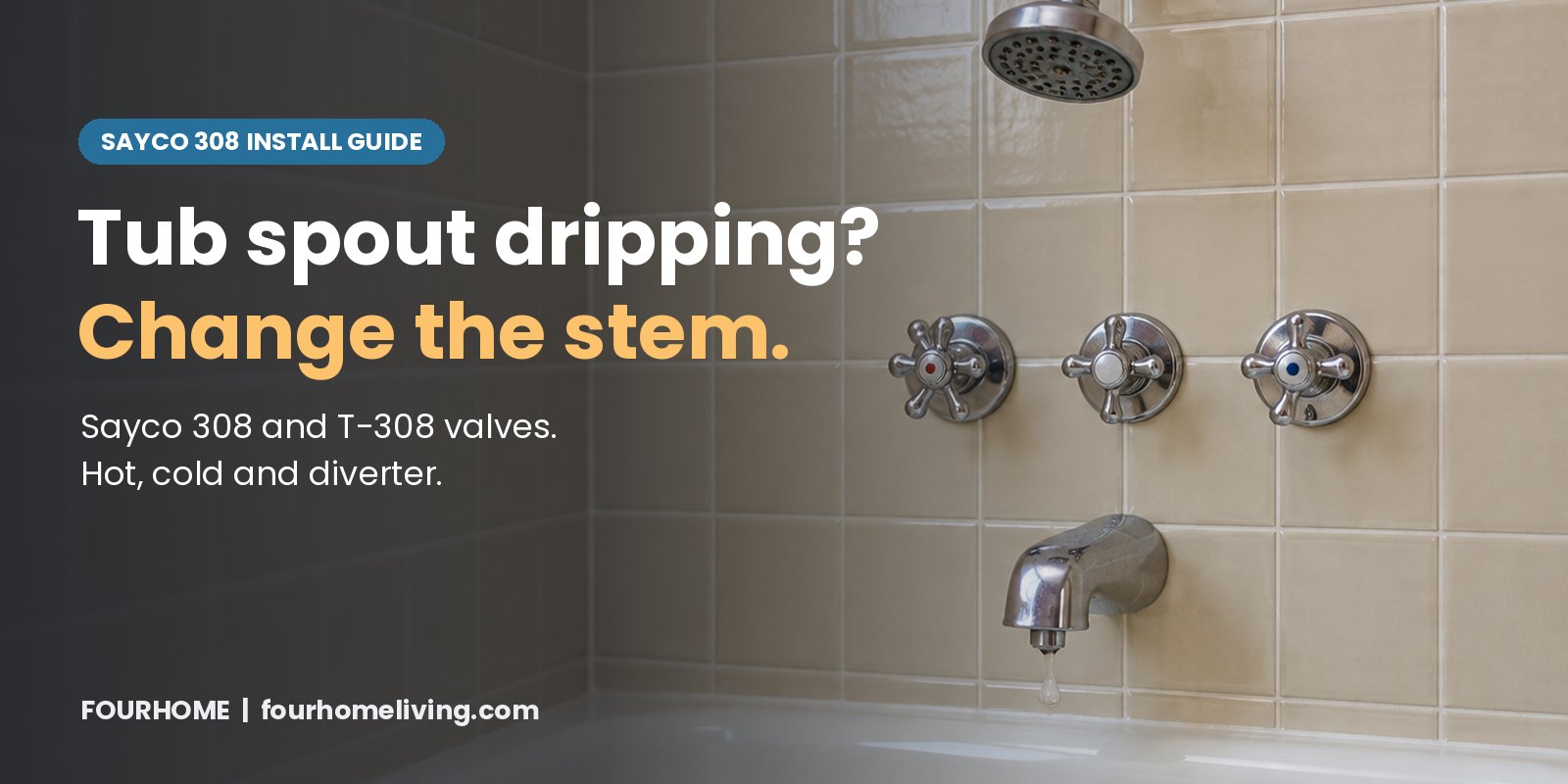 Tub spout dripping? Change the stem: illustration of an older beige tiled tub and shower wall with three chrome cross handles and a drop of water on the spout