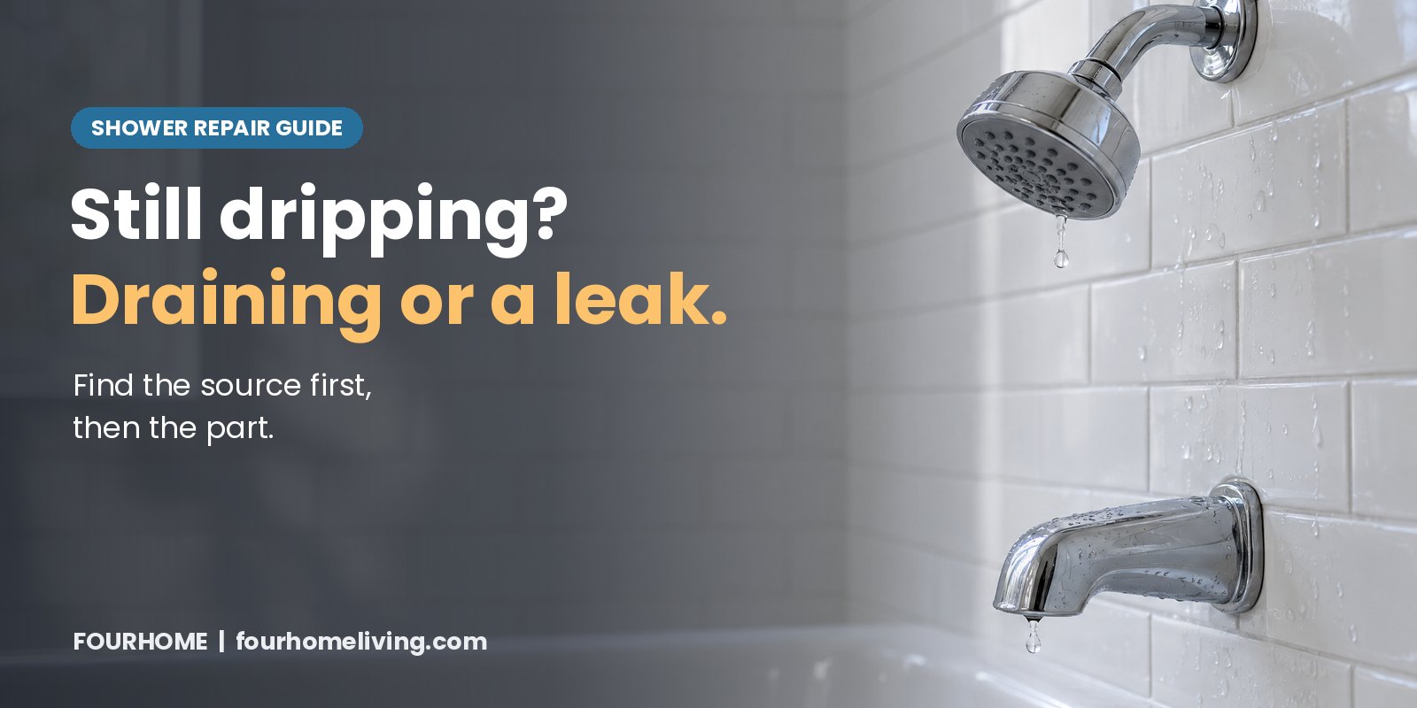 Shower drips after you turn it off: find the source first Chrome showerhead on white subway tile with a water drop falling after the shower is off, with the headline Still dripping? Draining or a leak. Find the source first.