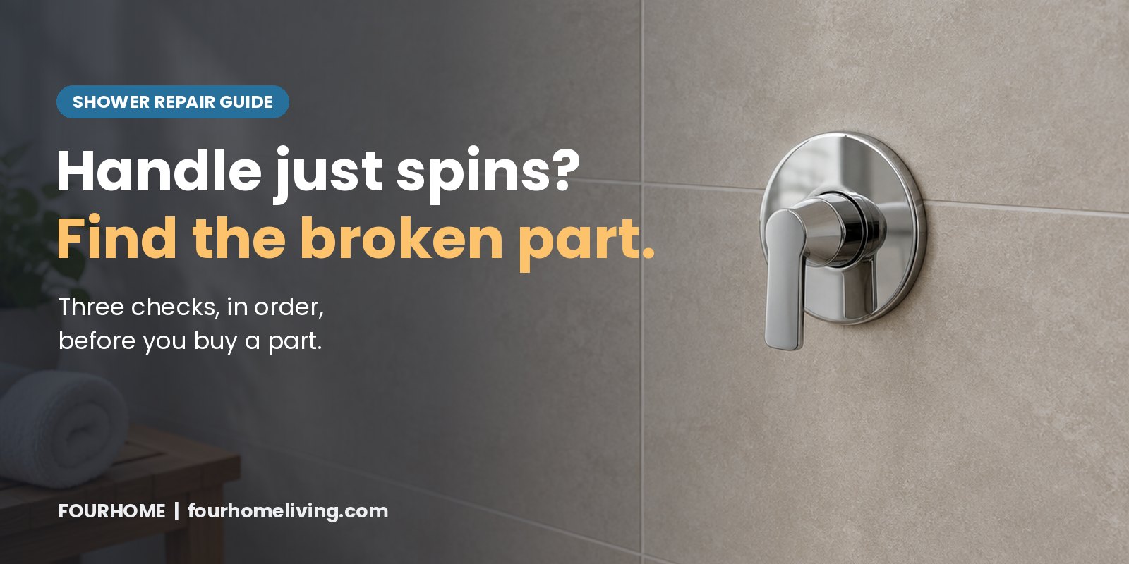 Chrome single lever shower handle on light gray tile in a quiet shower, with the headline Handle just spins? Find the broken part.