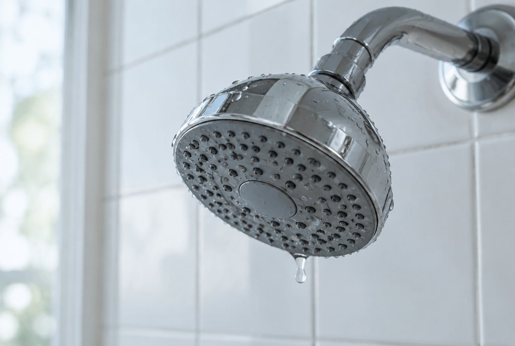 Chrome showerhead on white tile with a drop of water falling from it after the shower is turned off