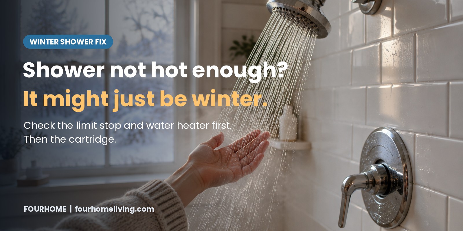 Hand in a knit sweater sleeve testing a lukewarm shower stream from a chrome showerhead, frosty winter window behind