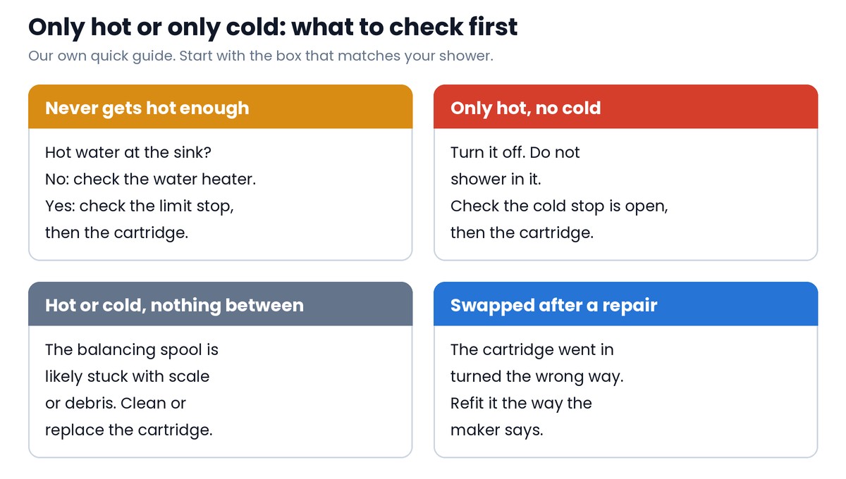 Chart with four boxes: never gets hot enough, check hot water at the sink then the limit stop and cartridge; only hot with no cold, turn it off and check the cold stop then the cartridge; hot or cold with nothing between, the balancing spool is likely stuck, clean or replace the cartridge; swapped after a repair, the cartridge went in the wrong way, refit it the way the maker says
