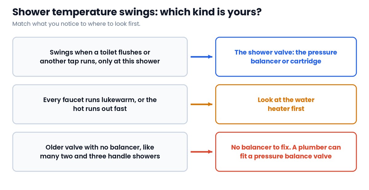 Shower temperature swings: valve or water heater? Chart with three rows: swings when a toilet flushes or another tap runs, only at this shower, points to the pressure balancer or cartridge in the shower valve; every faucet runs lukewarm or the hot runs out fast points to the water heater first; an older valve with no balancer, like many two and three handle showers, needs a pressure balance valve fitted by a plumber