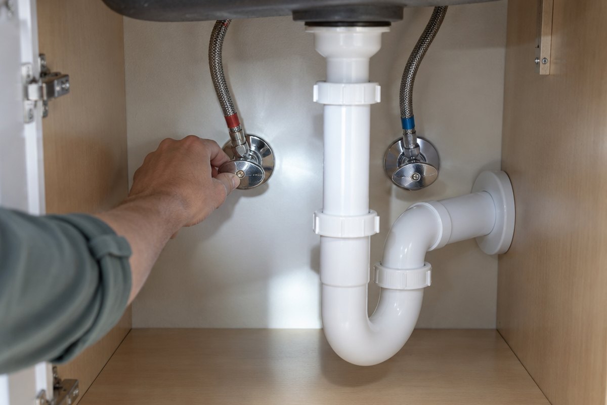 Shut off the water under the kitchen sink before a faucet repair A hand closing one of two shutoff valves on the hot and cold supply lines under a kitchen sink, with braided supply hoses and the plastic drain trap in view